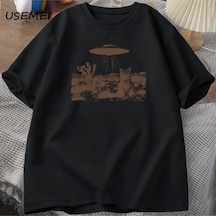 Startmore Vintage Ufo Cowboy Cat T Shirt Retro T-shirt 90s Western Tshirt Wild West Kitten Tshirt Casua 3047 Siyah