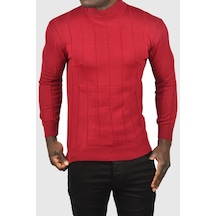 Deepsea Erkek Bordo Slim Fit Likralı Tüylenme Yapmayan Yarım Balıkçı Çizgili Triko Yarım Boğazlı Kazak 2505503 Bordo