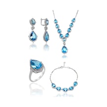 Şeffaf Akuamarin Taşlı Damla Model 925 Ayar Gümüş Dörtlü Set 201024156 Gümüş