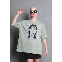 Çağla Yeşili Oversize Baskılı Kadın Tişört Mg1764 Yeşil