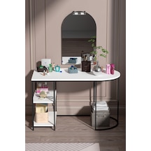 White Oval-shaped Work And Makeup Desk With Mirror And Shelves Beyaz