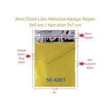 7x9 Cm Altın Renk Bantlı Lüks Metalize Hediyelik Poşet 50 Adet