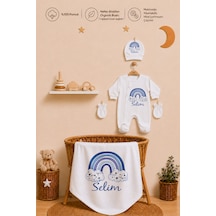 Pia Baby Kişiye Özel Erkek Bebek Tulum Set 4 Parça %100 Pamuk İsimli Organik Baskılı Battaniyeli 1101btyx Krem