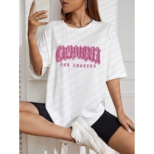 California Letter T-shirt - Beyaz Baskılı Oversize Bisiklet Yaka Kısa Kol Tişört Beyaz