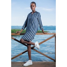 Yake Store Kadın Pamuk Vıscon Gomlek V Yaka Double 7/8kol Gomlek Elbıse - Dress Blues mavi