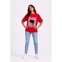 Nevermind The Beast Inside Me Baskılı Unisex Oversize Tişört Siyah Kedi Grafik Tasarım %100 Pamuk Kırmızı Kırmızı