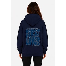 Herkesemoda First Love Arka Baskılı Kapüşonlu 2 İplik Şardonlu Sweatshirt Lacivert