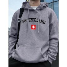 Startmore Tarzsokak İsviçre Bayrağı Baskılı Erkek Kapüşonlu Üstleri Sonbahar Cepli Sweatshirtler Temel Polar Sıca Gri