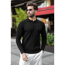 Madmext Siyah Düğmeli Polo Yaka Desenli Over Fit Erkek Triko Kazak E7520
