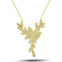 Gümüş Gold Daldaki Kelebek Kadın Kolye Gümüş
