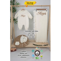 Gros Shop Müslin Yeni Doğan 4katlı Organik %100pamuk Kişiye Özgü Nakışlı Hastane Çıkış Seti Papatya Model-4 Ekru-1