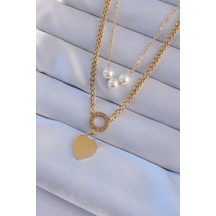 316l Çelik Gold Renk Çift Zincir İnci Detayı Love Kalp Ke Çok Renkli