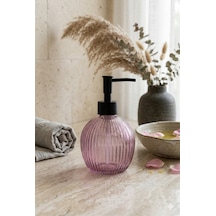 Çizgili Yuvarlak Siyah Pompalı Cam Sıvı Sabunluk - 500ml - 16x10x10 Cm Pembe