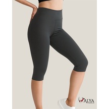 Diz Altı Kapri Tayt Yüksek Bel Likralı Parlak Dalgıç Kumaş, Antrasit Füme Antrasit