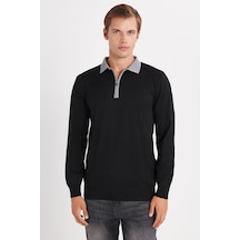 Erkek Standart Fit Uzun Kol Yarım Fermuarlı Polo Yaka Siyah Kazak-35798 Siyah