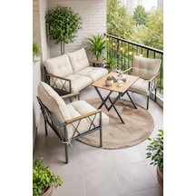 Ard & Garden Miray 211 Masalı Krem Fermuarlı Bahçe Balkon Takımı, Salon, Teras- Berjer Düğmeli Metal Çay Seti Krem