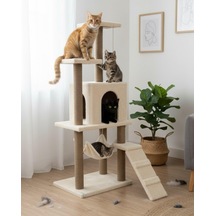 Tr Pet B-07 Hamaklı Yuvalı Lüks Kedi Tırmalama Oyun Evi Beyaz