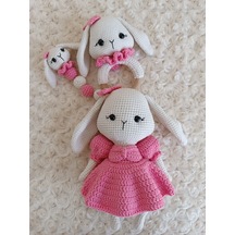 El Yapımı Amigurumi Tavşan Kız Bebek Yeni Doğan Set / Emzik Zincirine Kişiye Özel İsim Yazılır / Bebek Hediyelikleri