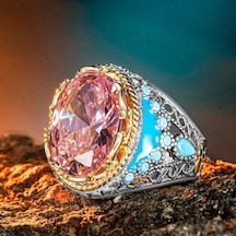 Takılingo Pembe Zirkon Taş Turkuaz Taş Detaylı Usta İşi Erkek Yüzük Gümüş