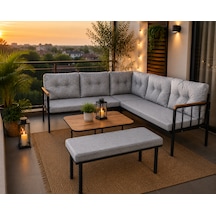 Riva Metal Bahçe Balkon Köşe Takımı Siyah Boyalı İskelet Keten Kumaş Süngerli 180x120 Cm Açık Gri
