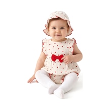 Bebegen Kız Bebek Ekru Kırmızı Kalp Desenli Şapkalı Müslin Zıbın Tulum Çok Renkli