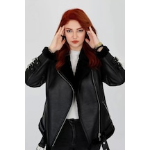 M M Marki Marki Siyah Hakiki Deri Kaban, Içi Kürklü, Kemerli Detaylar, Chic Elegance - 70 Cm - 102622