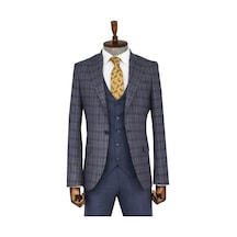 Ekose Ceketli Slim Fit Mavi Erkek Takım Elbise - Wessi Mavi