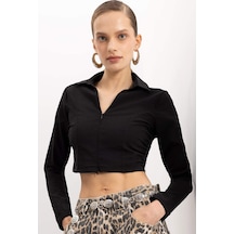 Defacto Siyah Fitted Vucuda Oturan Gömlek Yaka Fermuarlı Bengalin Uzun Kollu Crop Basic Düz Bluz C5037AX24AUBK27