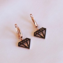 Elmas Simgeli Siyah Zirkon Taşlı Rose Gold Kaplama Gümüş Küpe Gümüş
