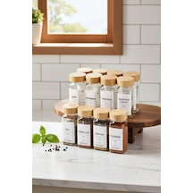 Kapris12'li Bambu Kapaklı Kare Formlu Cam Baharatlık Seti 120 ml / 16 Adet Etiket Hediye