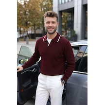 Kamalı Erkek Oversize Selanik Örgü Polo Yaka Triko Kazak Bordo