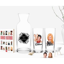 Kişiye Özel Renkli Baskılı Erkek Ve Kadın Karikatürlü İkili Rakı Bardağı Karaf Ve Cep Kitabı Hediye Seti-3