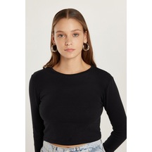 Tudors Kadın Slim Fit Dar Kesim Uzun Kollu Bisiklet Yaka Siyah Bluz-34084 Siyah