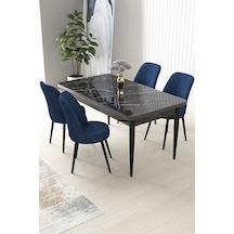 Canisa Nil Serisi 70x110 Sabit Mutfak Masası Takımı Siyah Mermer Desen Masa 4 Lacivert Sandalye Masa Siyah Mermer Desen Sandalye Lacivert