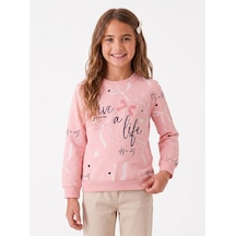 Onloox Kız Çocuk Pembe Kız Çocuk Pembe Pamuklu Bisiklet Yaka Regular Kalp Fiyonk Baskılı Sweatshirt 4-5 Yaş