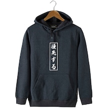 Erkek Antrasit Önü Japonca Baskılı Kapüşonlu Sweatshirt 22K-52003