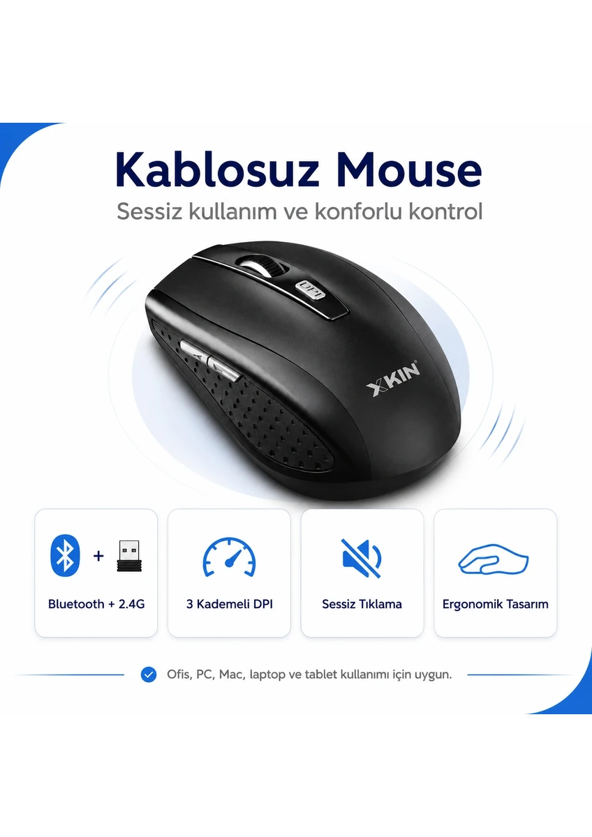 Xkin Xk-m04 Kablosuz Mouse Sessiz Bluetooth 2.4 Ghz 1600 Dpı Siyah Hafif Ergonomik Mouse