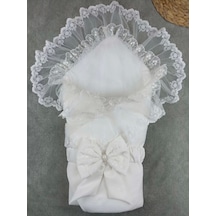 Yenidoğan Bambu Taç Nakışlı Delüks Kundak Bebek Battaniyesi Ekru Ekru