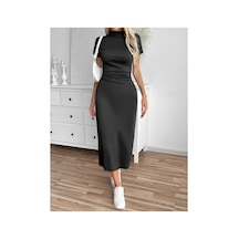 Butik İstanbul Kadın Yarı Balıkçı Yaka Yırtmaçlı Dalgıç Midi Elbise Siyah