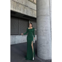 Khi-zai Kadın Vintage Kayık Yaka Taş Detaylı Uzun Kollu Abiye Elbise Zümrüt