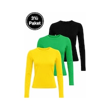 Rich Kadın Siyah-sarı-yeşil 3'lü Paket Bisiklet Yaka Esnek Kumaşlı Vücuda Oturan Slim Fit Uzun Kollu Crop Body Sarı