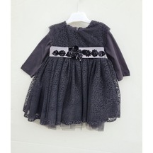 Kız Bebek Çocuk Uzun Kol Çiçek Detaylı Abiye Elbise-12335-siyah