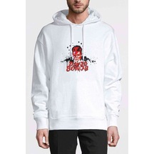 David Bowie Baskılı Beyaz Erkek Örme Kapşonlu Sweatshirt