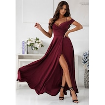 Butik İstanbul Kadın Kruvaze Yakalı Ip Askılı Düşük Omuz Detaylı Janjan Krep Elbise Bordo