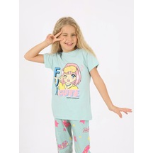 Kız Çocuk Kısa Kollu %100 Pamuklu Flower Up Pijama Takımı Fun Mint