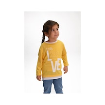 Luess Love Baskılı Garni Detaylı Uzun Kol Kız Çocuk T-shirt Sarı