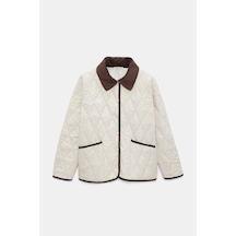 Sââde Kadın Relax Fit Kadife Yaka Biye Detaylı Kapitone Mont - Heritage Ekru