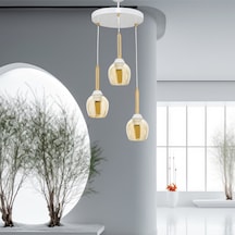 Üçlü Mandarin Sarkıt Avize Bal Rengi Camlı Gold Borulu Beyaz - Altın - Bal