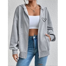 Altamira Unisex Gri Kalp Baskılı Ince Mevsimlik Kapşonlu Oversize Hırka 001