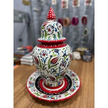 Tabaklı Büyük Boy Şah Küpü 40 Cm Lale Desenli Kütahya Çini